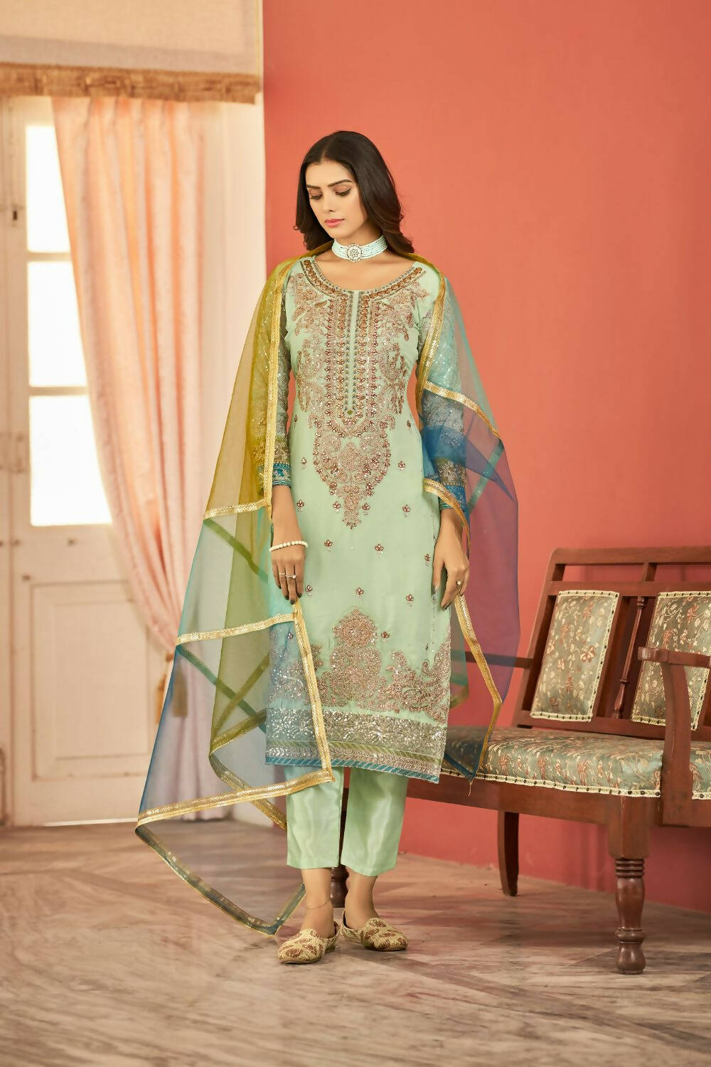 Sea Green Heavy Faux Georgette Embroidered Semi Stitched Suit - Dhvani