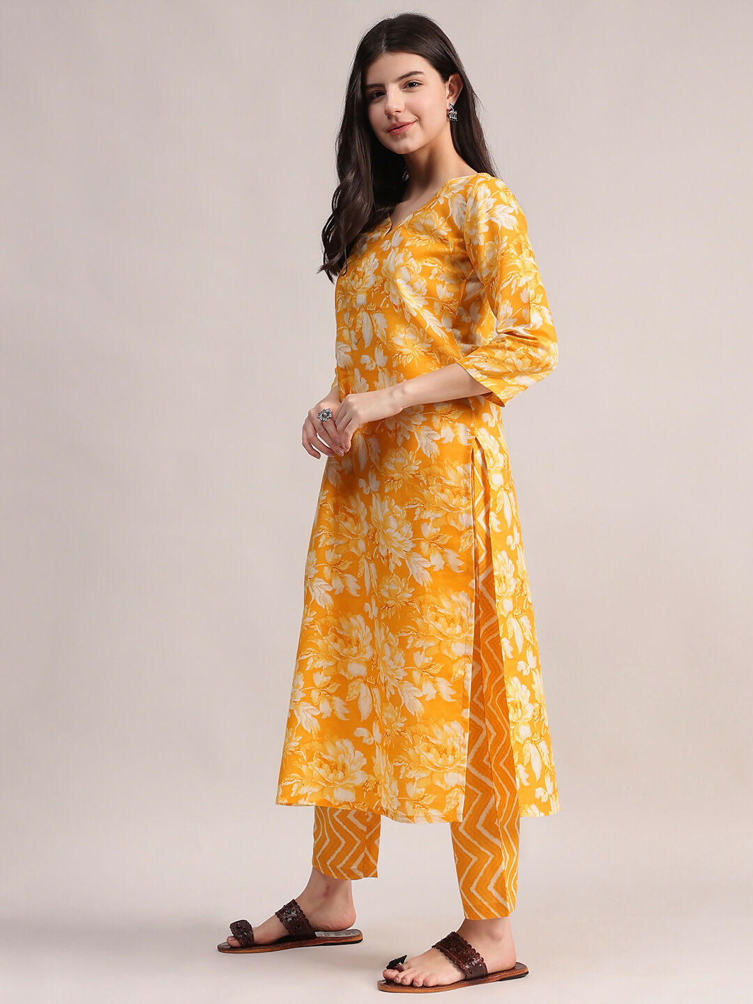 Aavyora Women Mustard Yellow Floral Printed Kurta with Chevron Printed Pants & Dupatta Set
