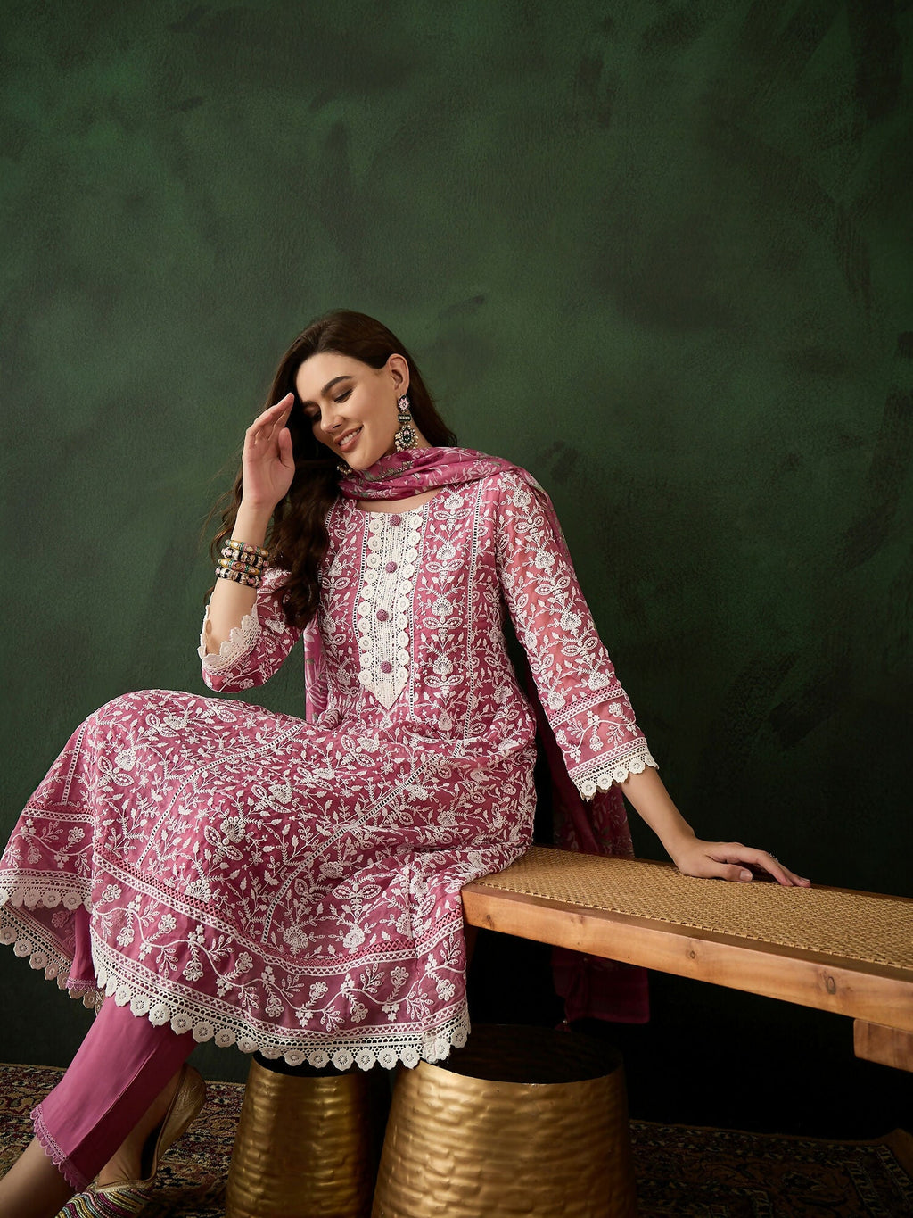 Pink Crystal Organza schiffli embroidery Kurta With Trouser & Dupatta - Bhumi