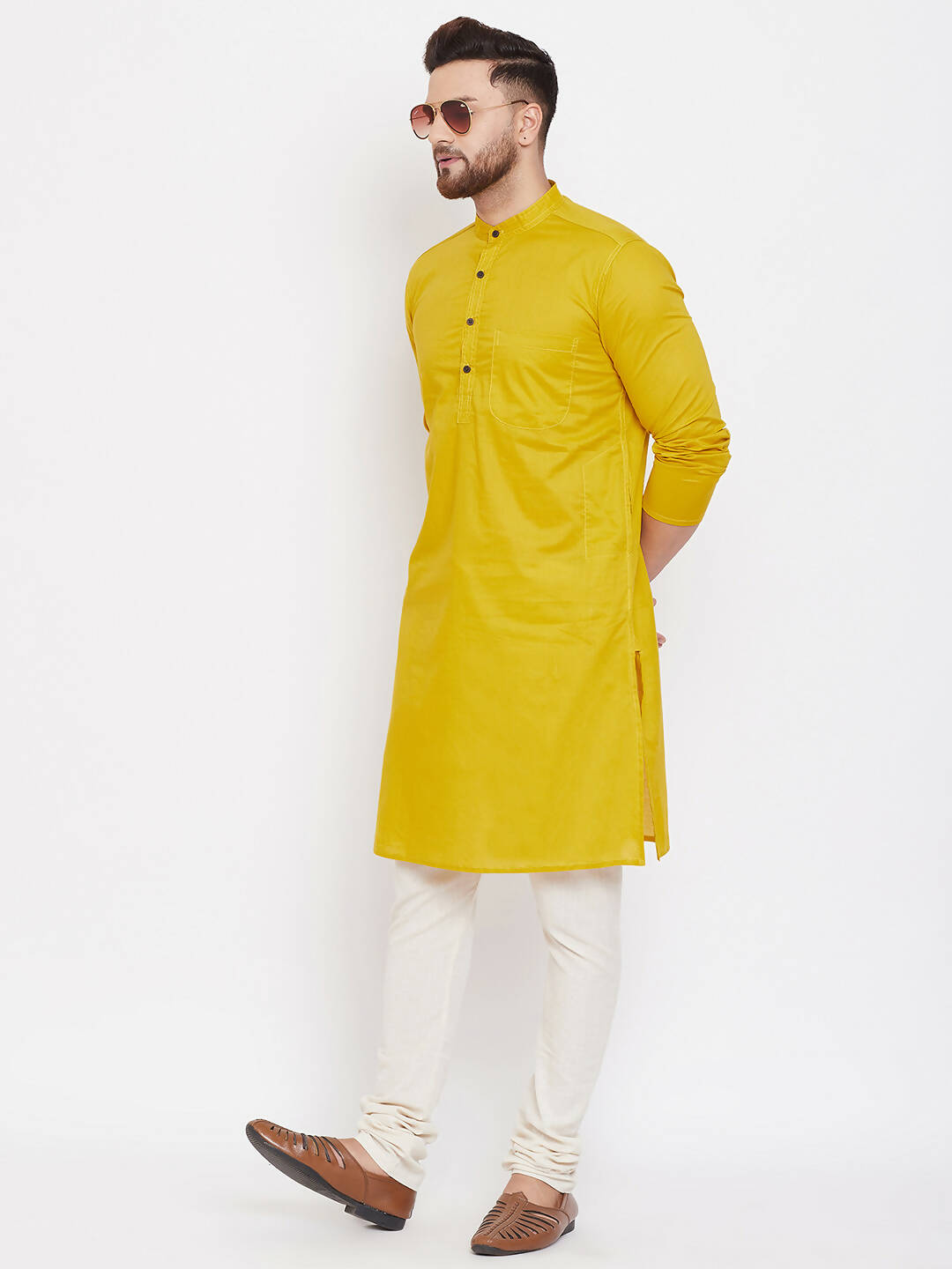 Even Apparels Pure Cotton Yellow Men's Kurta With Band Collar