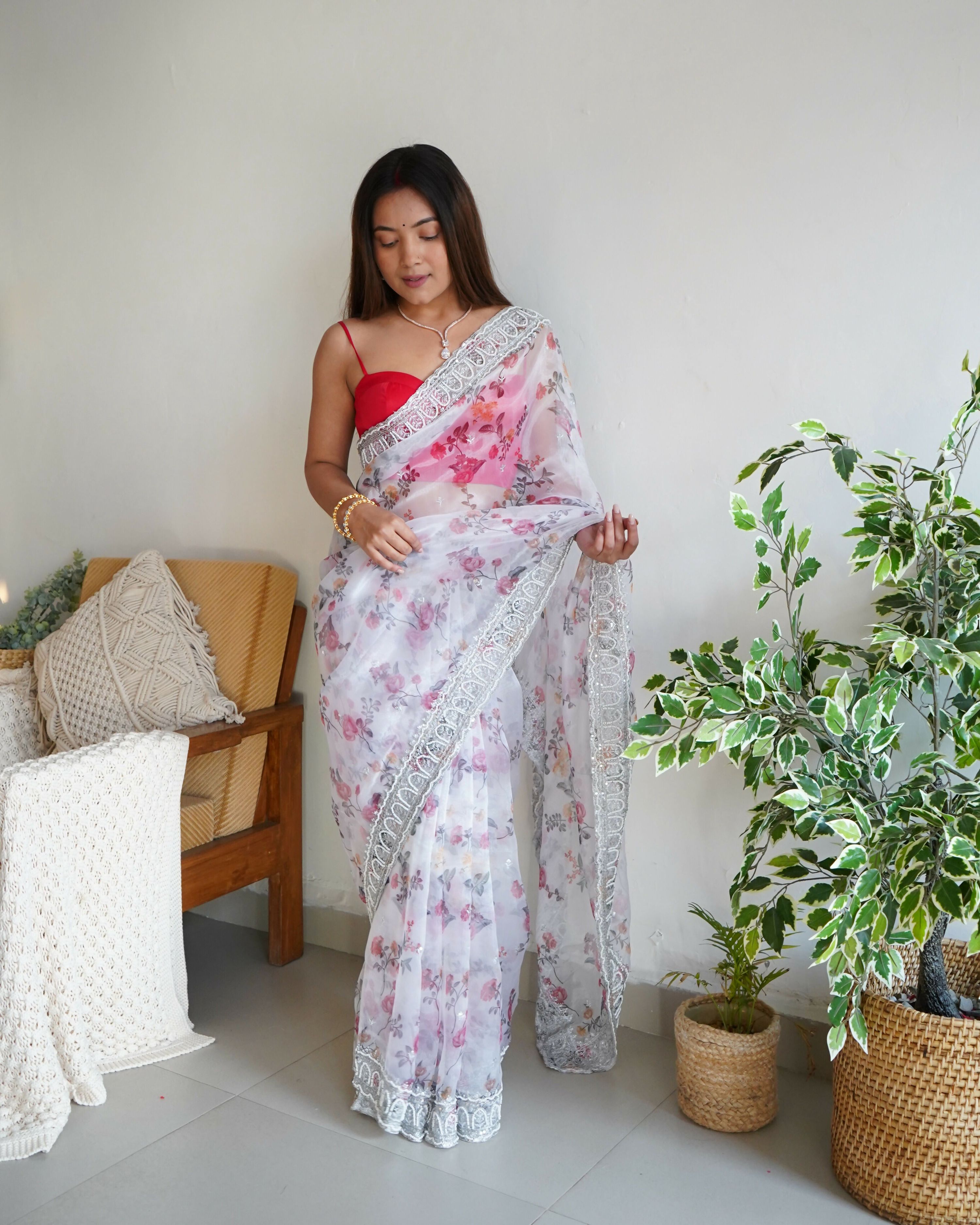 Vamsee Ferry White Organza Saree