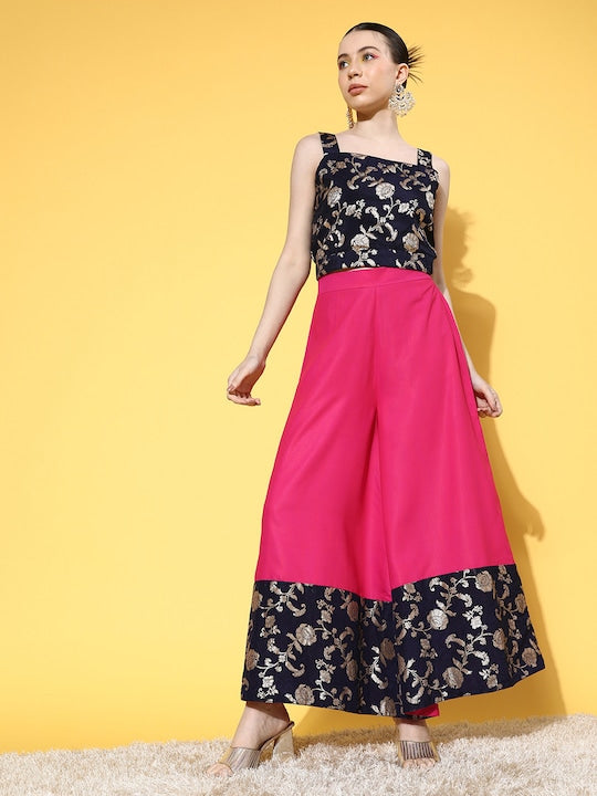 InWeave Women's Blue Brocade Strappy Top W Fuchsia Blue Brocade Palazzo Set