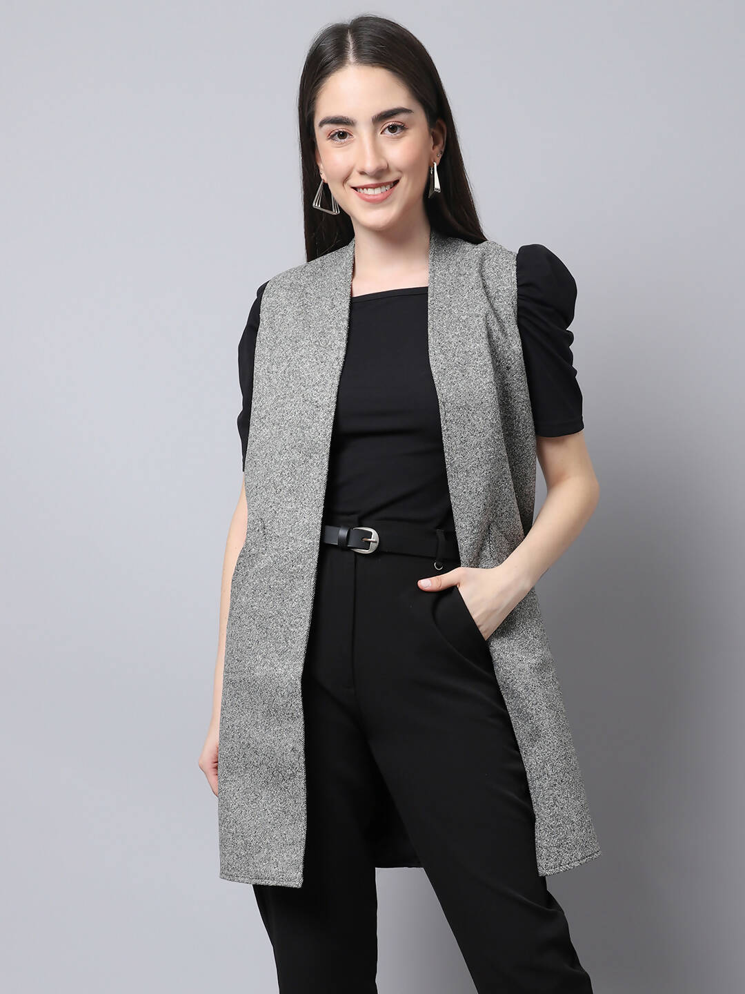 Even Apparels Grey Pure Wool Open Front Woolen Women's Long Coat