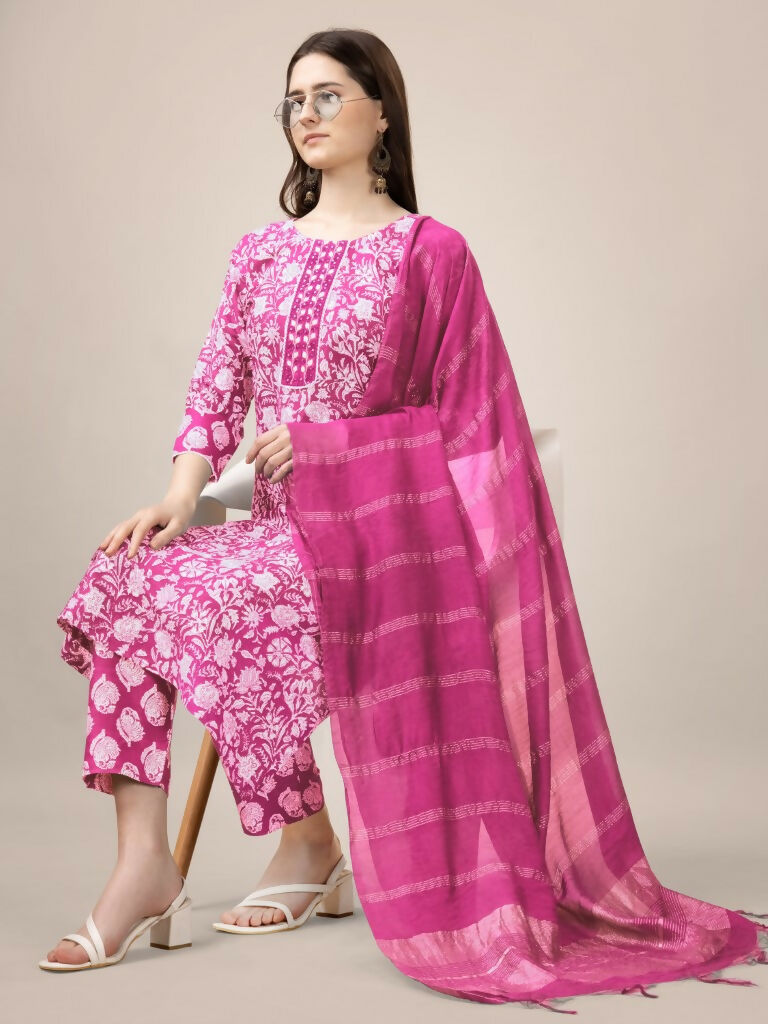 Jyoti Fashion Women's Pink Rayon Print with Embroidery & Fancy Lace Work Kurta with Trouser & Dupatta