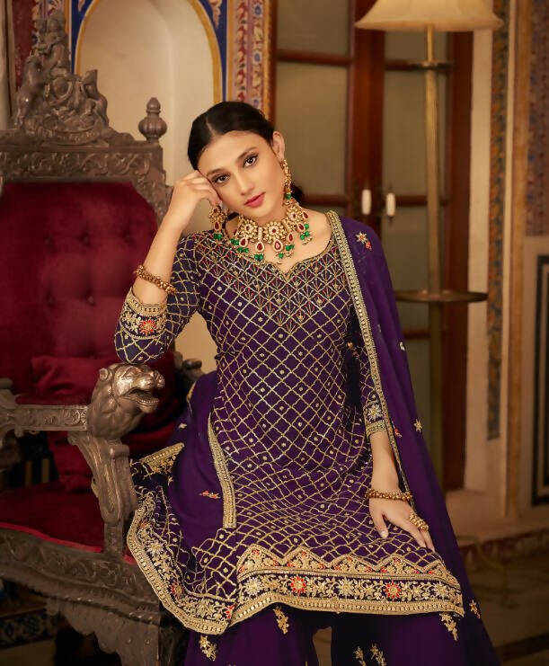 Purple Heavy Chinon Semi Stitched Kurta with Bottom & Dupatta - Dhvani
