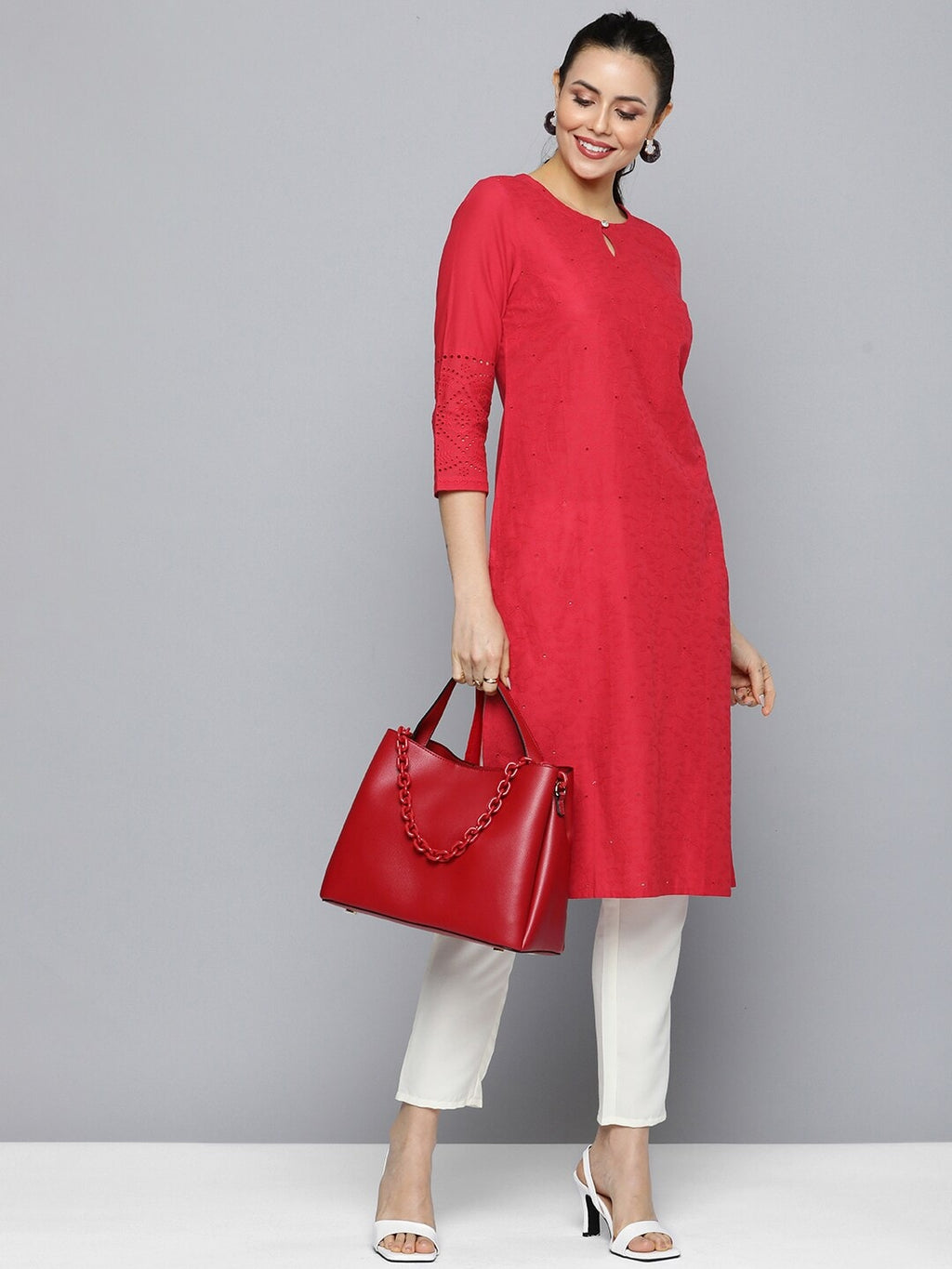 HERE&NOW Women Pure Cotton Floral Embroidered Keyhole Neck Thread Work Kurta