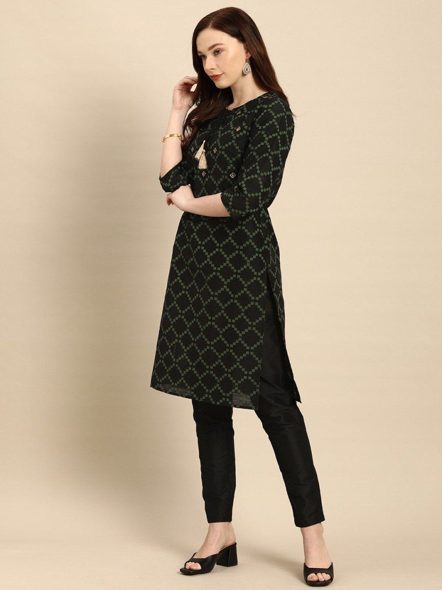 All About You Women Black & Green Printed Kurta with Trousers