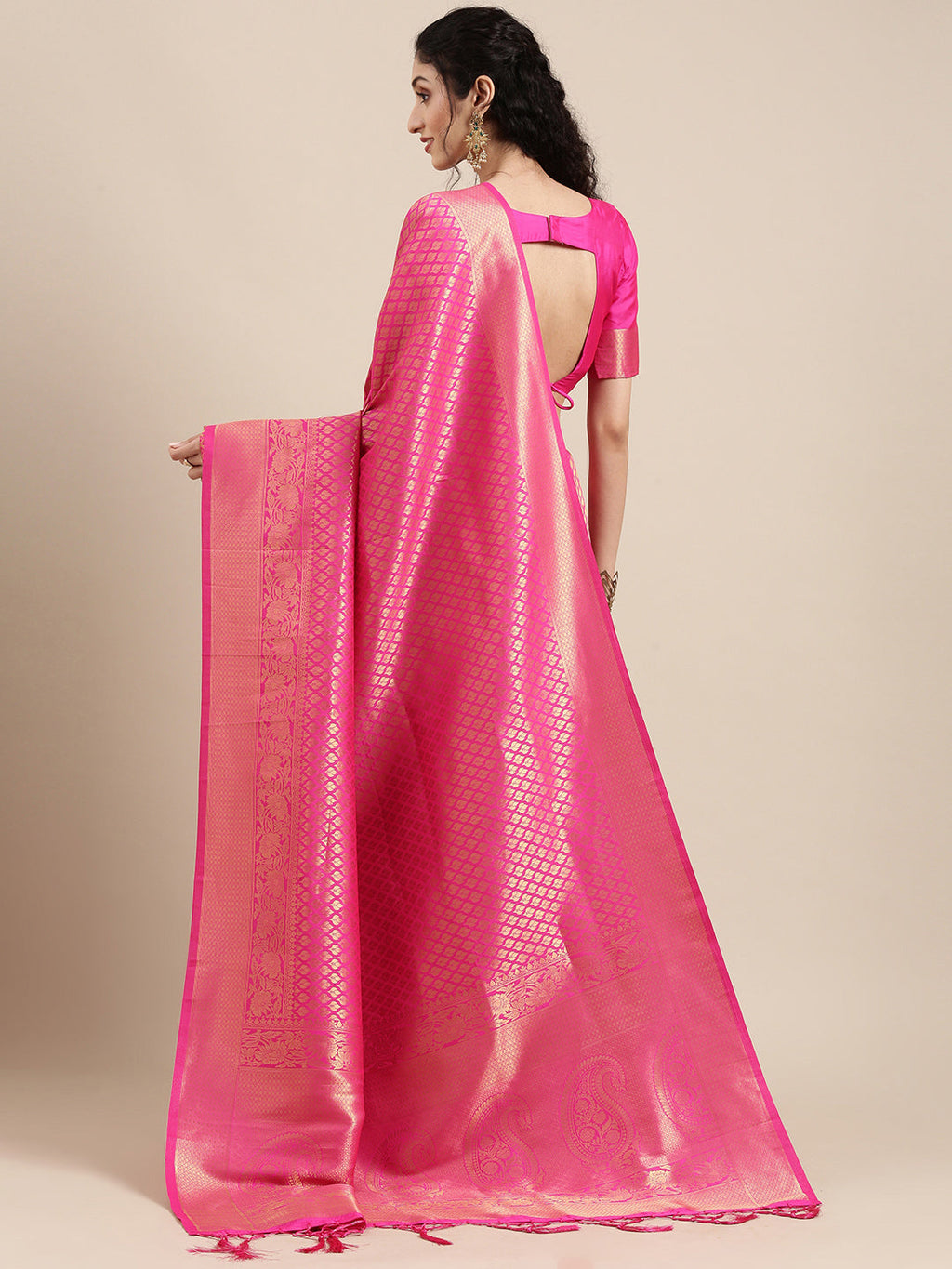 Saree Mall Pink Ethnic Motifs Zari Silk Blend Banarasi Saree For Women