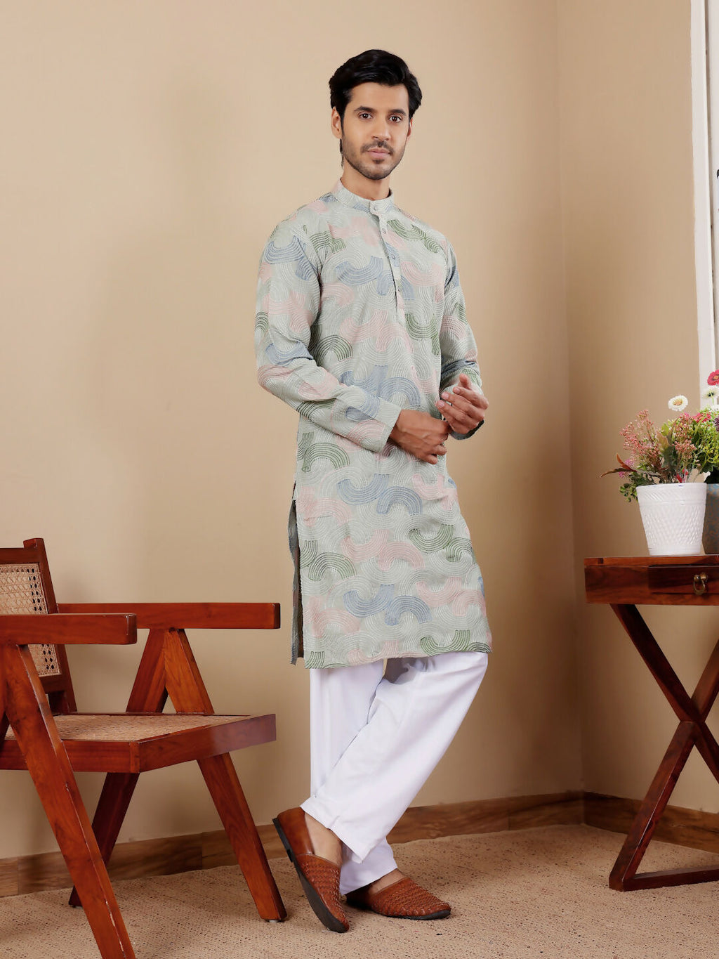 Pistel Green Linen Designer Embroidery Work Men's Rajwadi Kurta Set - Mahotsav