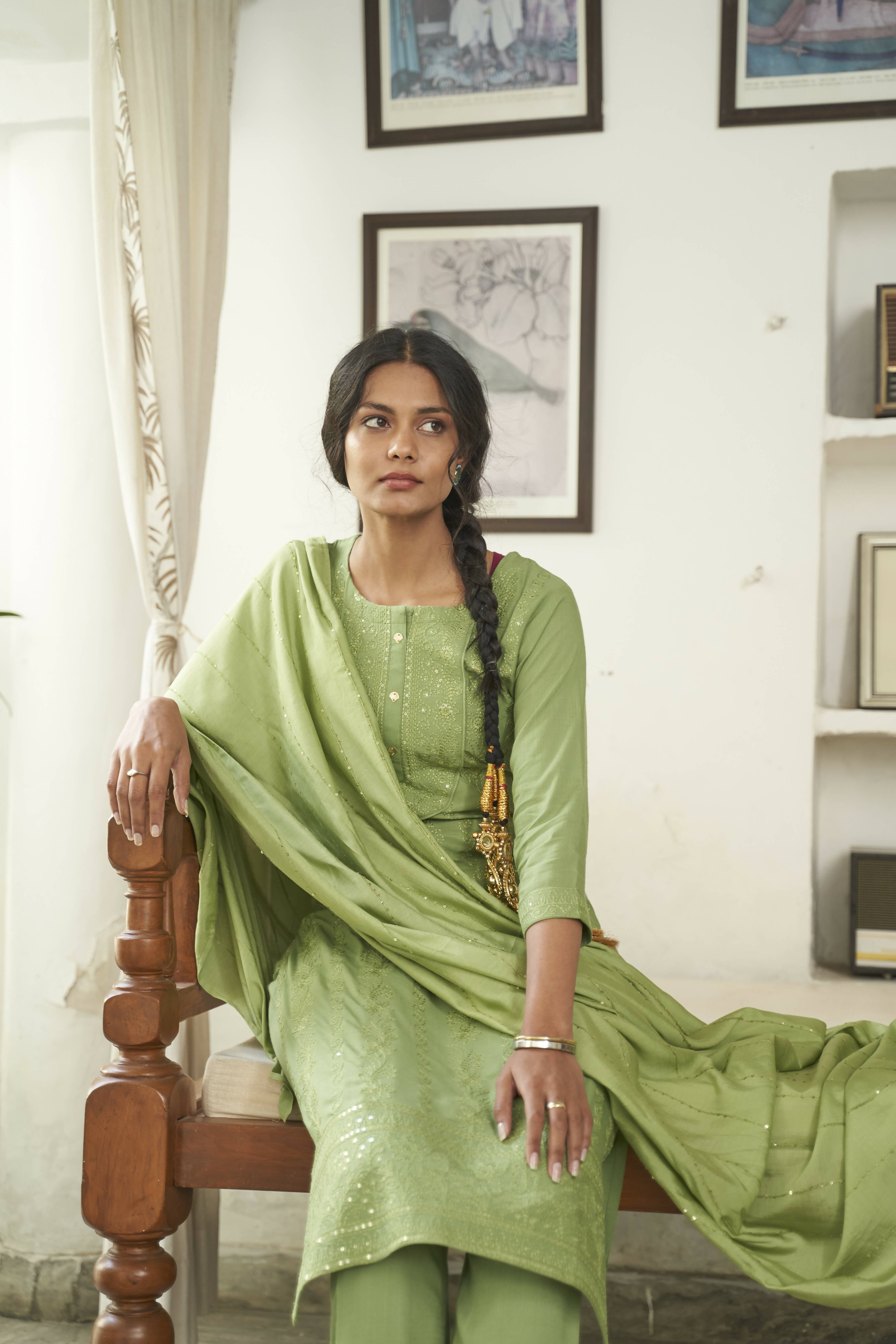 Green Rayon Sequence Embroidery work Straight kurta with Pant & Dupatta - Akashara