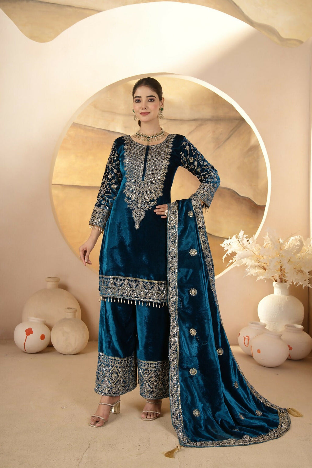Joban Fashion Blue Velvet Sequence Embroidery Work Kurta Set