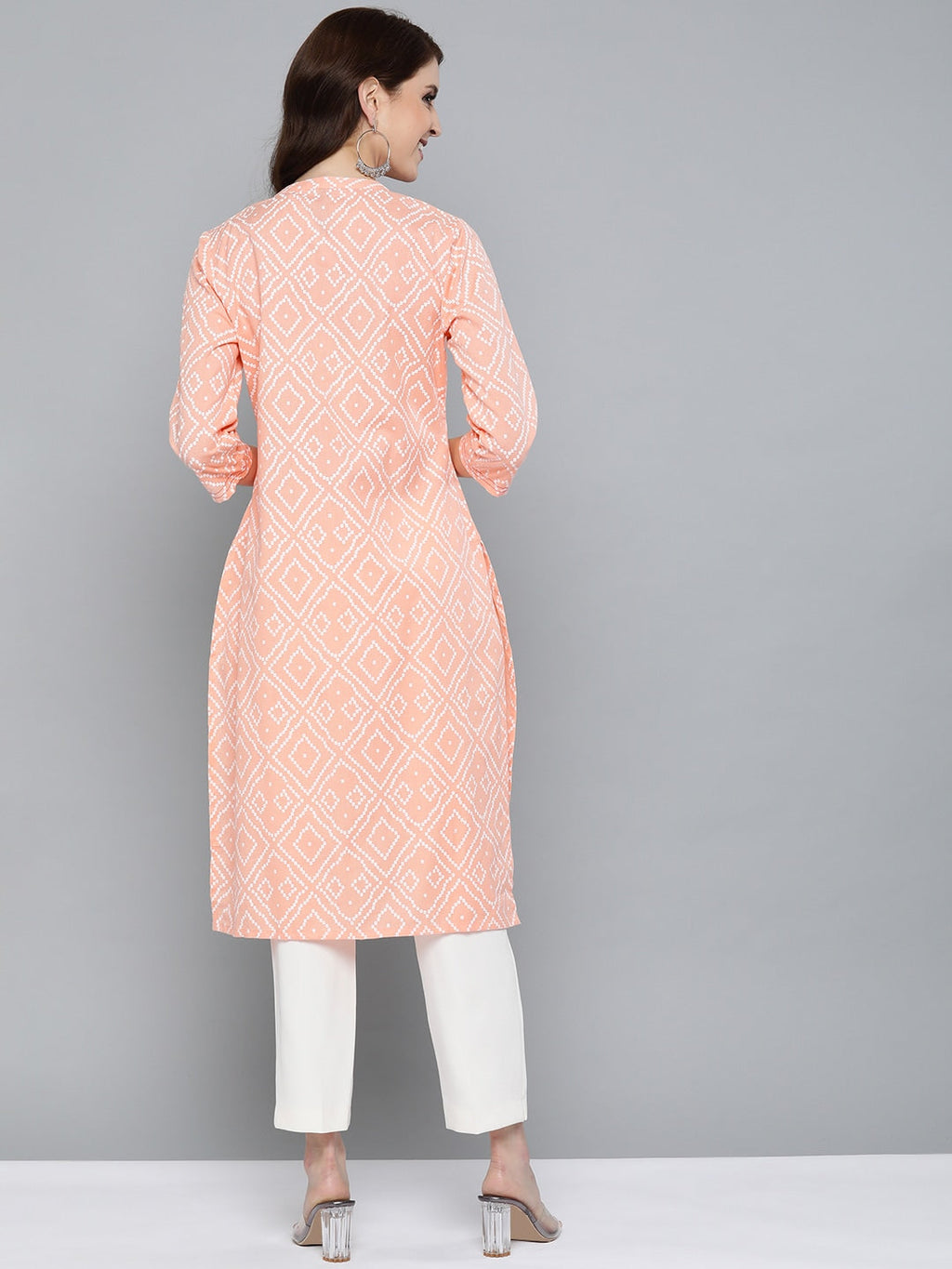 HERE&NOW Women Peach-Coloured & White Bandhani Print Straight Kurta