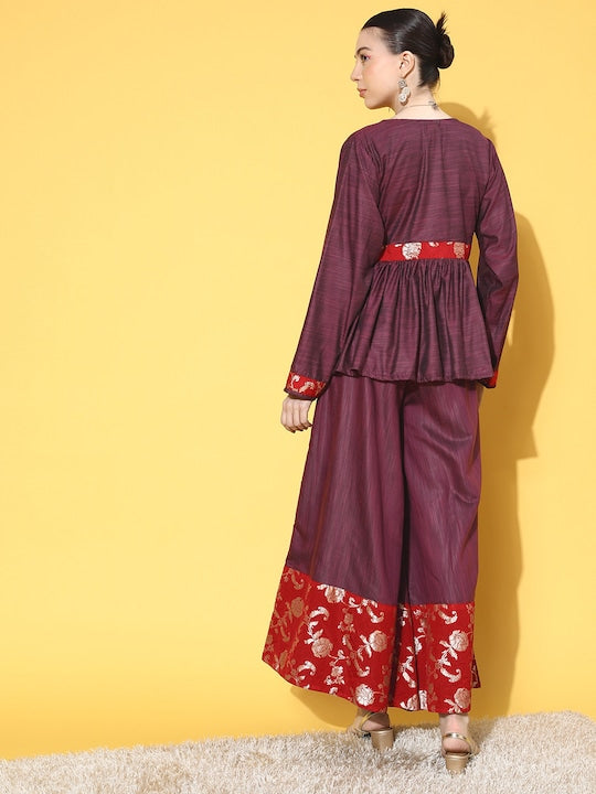 InWeave Women's Wine Red Brocade Mughal Shaan Kurta Palazzo Set