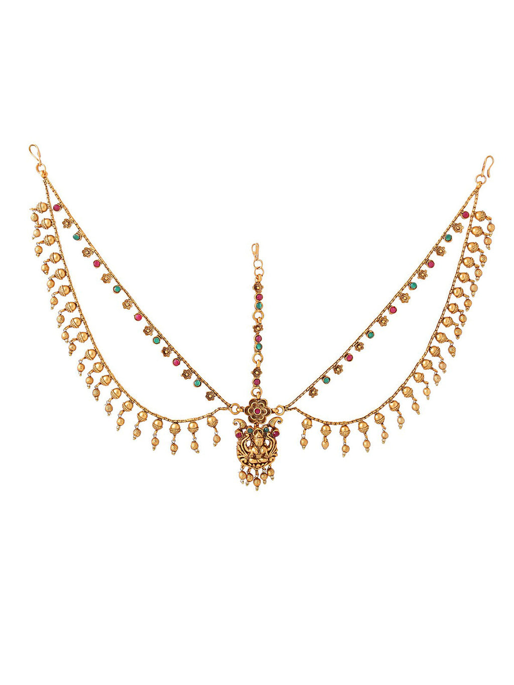 Yellow Chimes Gold-Polished Red & Green Stone-Studded Layered Bridal Traditional Mathapatti