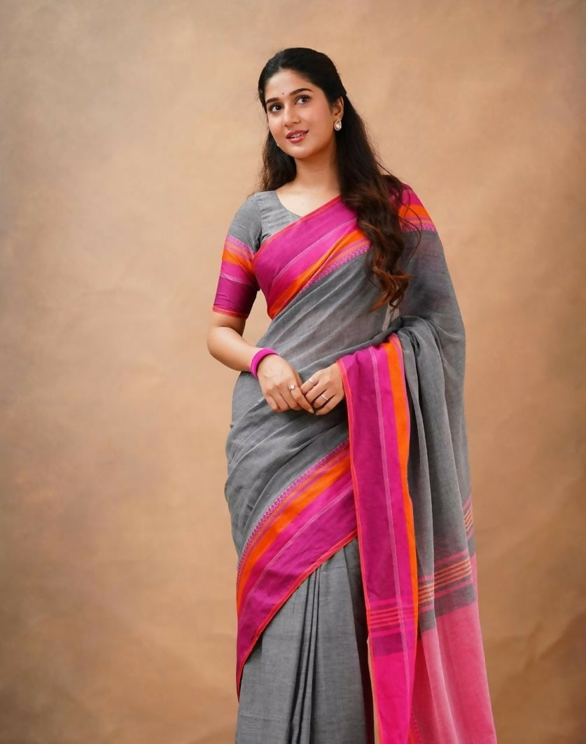 Exclusive Collection Grey Beautiful Khadi Cotton Handloom Saree