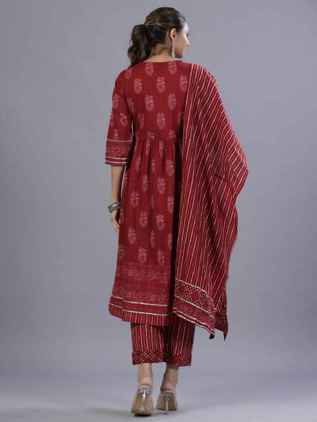 Juniper Women Maroon Cotton Cambric Batik texture Printed Kurta, Pants and Dupatta Set