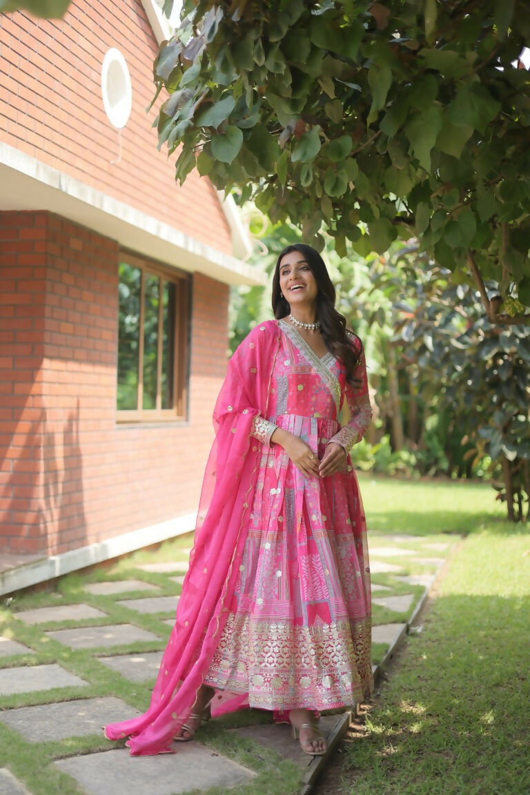 Jyoti Fashion Women's Pink Russian Silk Digital Print with Embroidered Anarkali Dress with Dupatta