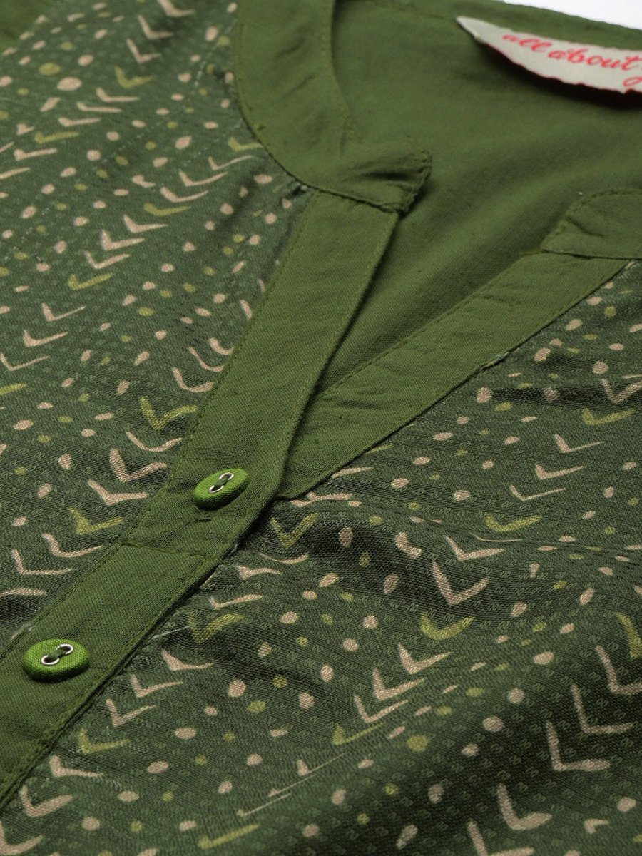 All About You Women Olive Green Geometric Yoke Design Pure Cotton Kurta