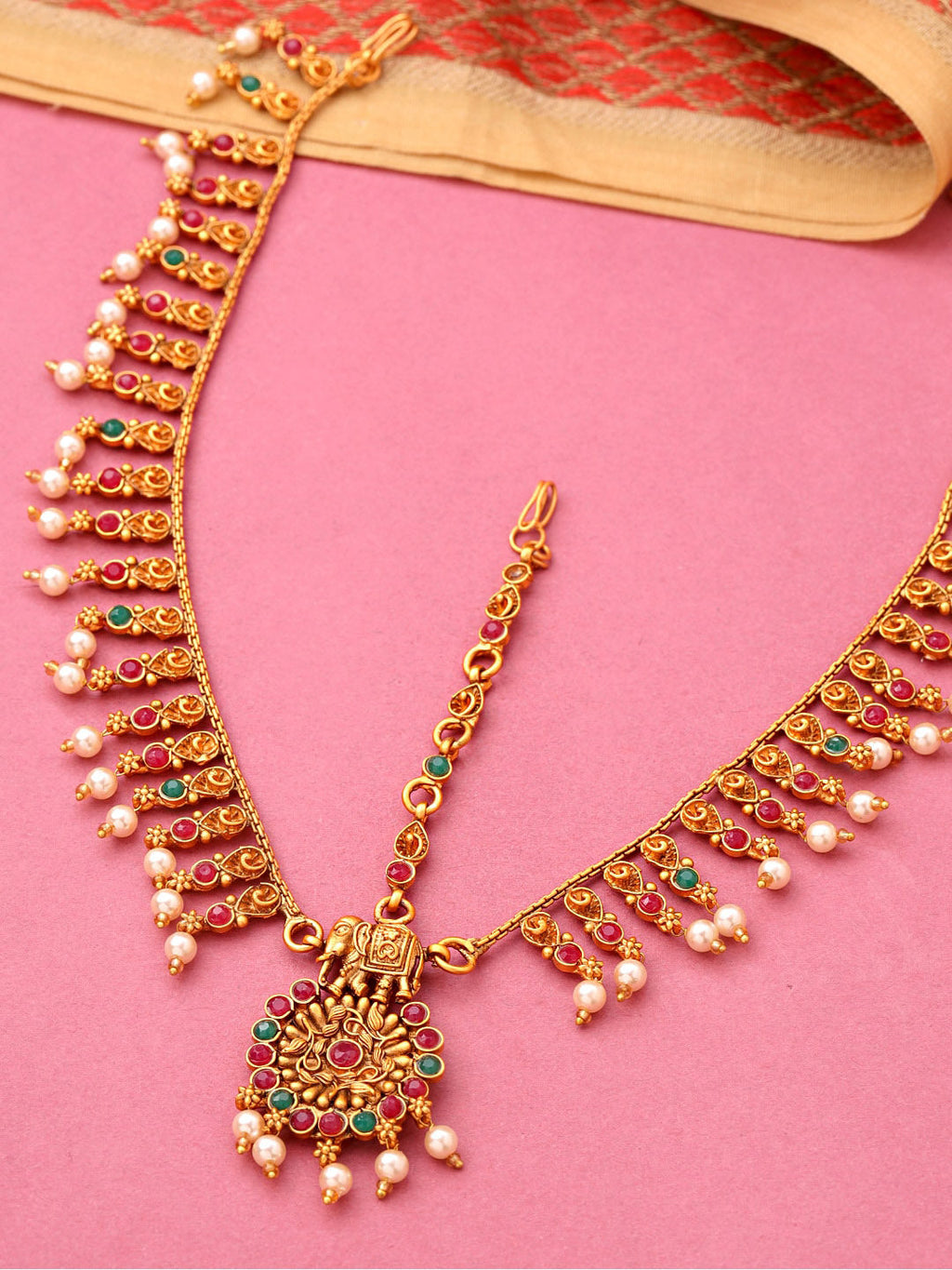 Yellow Chimes Women Gold-Polished,Maroon,Green White Pearl Hanging Bridal Mathapatti