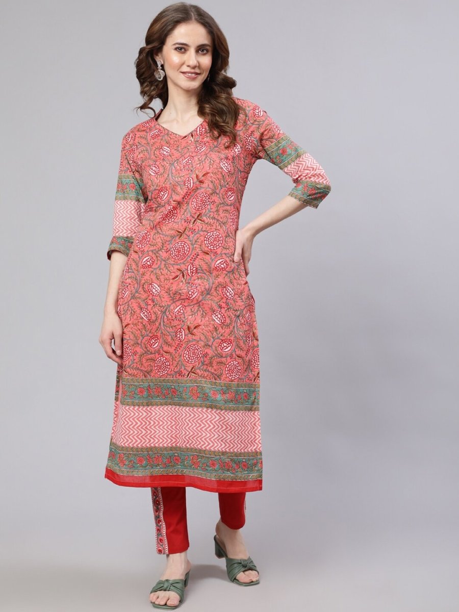 Aks Pink Floral Printed Mandarin Collar Regular Pure Cotton Kurta With Trousers