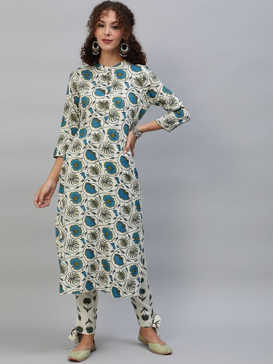 Aks Floral Printed Band Collar Regular Kurta with Trousers