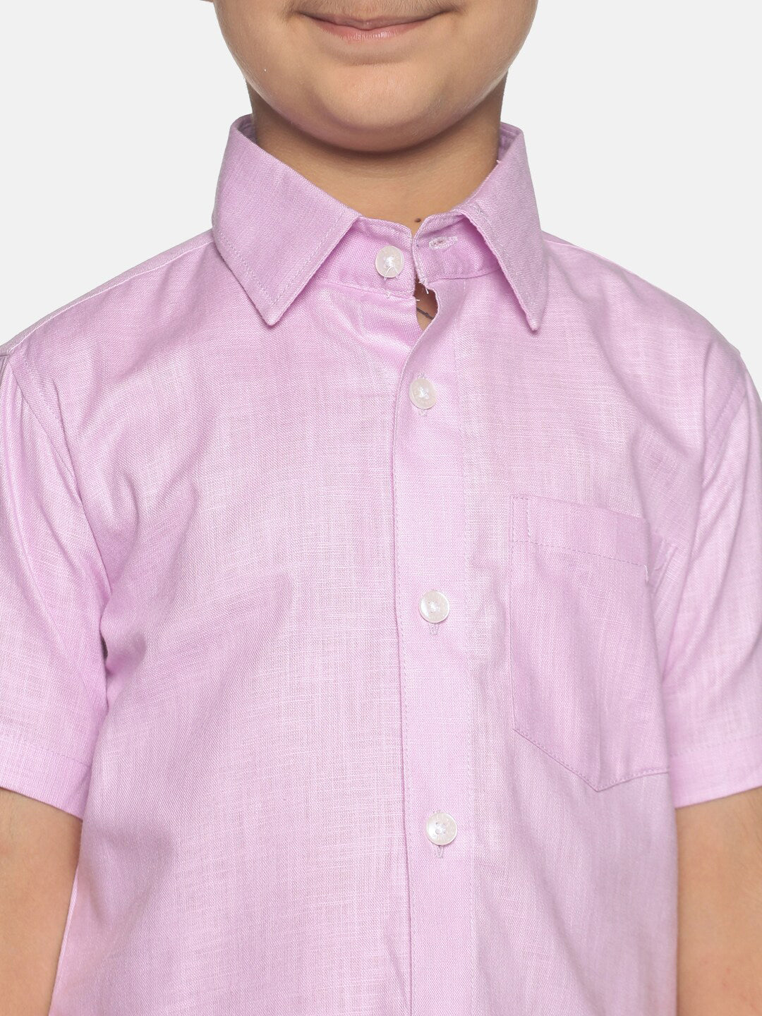 Sethukrishna Boys Pink & Off-White Pure Cotton Shirt with Dhotis