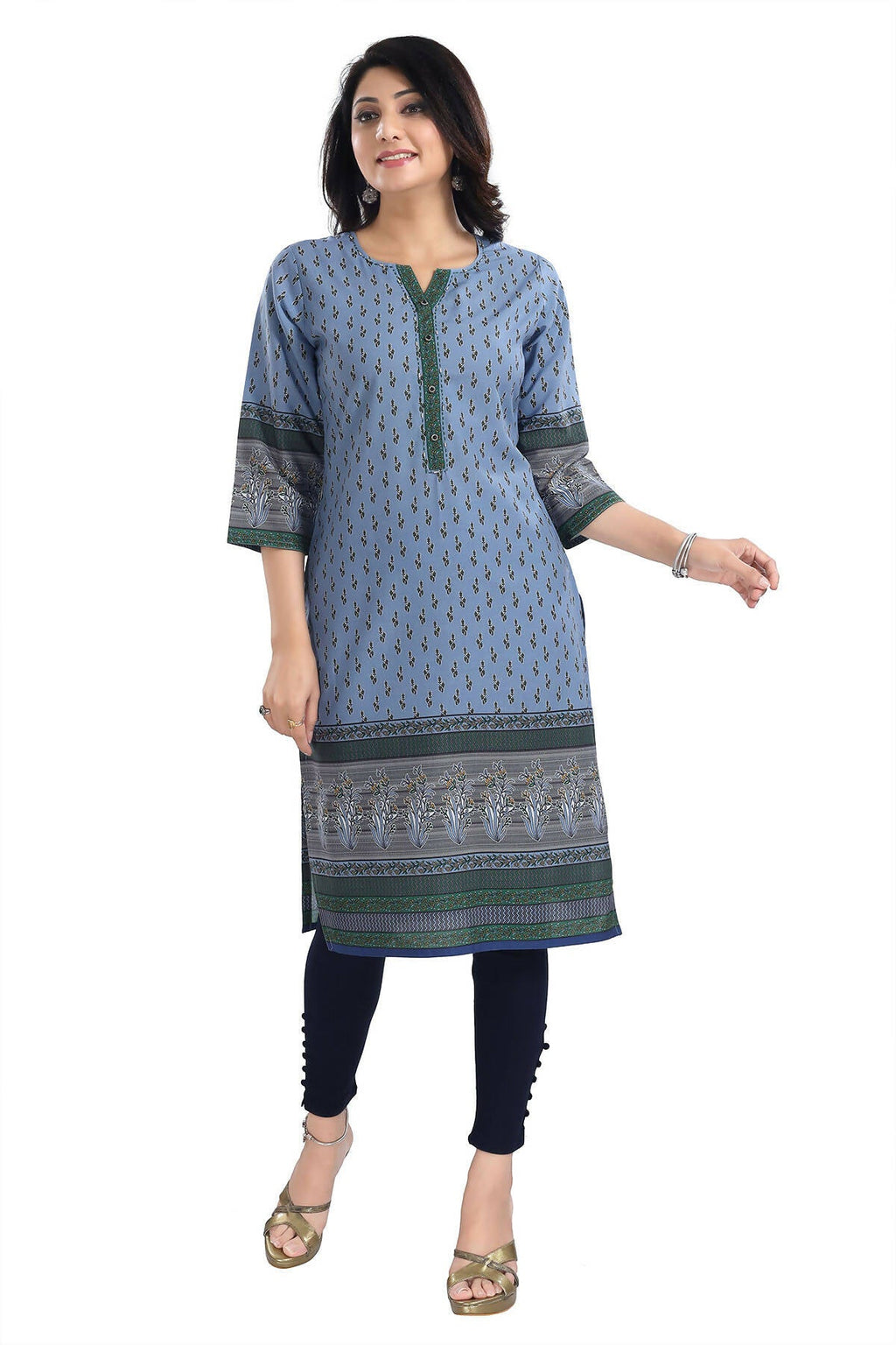 Snehal Creations Aesthetic Blue Digital Print Cotton Slub Long Kurti Tunic