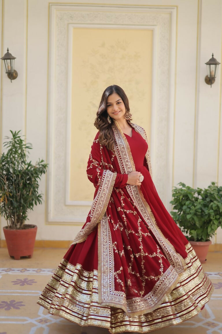 Jyoti Fashion Women's Maroon Faux Blooming Sequins Zari Embroideredy Anarkali Dress with Dupatta