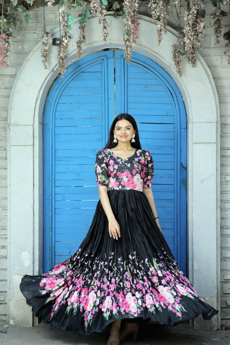 Jyoti Fashion Women's Black Floral Digital Printed Chinon Anarkali Dress