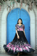 Jyoti Fashion Women's Black Floral Digital Printed Chinon Anarkali Dress