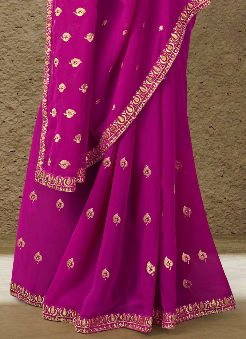 Purple Georgette Embroidered Saree with Unstitched Blouse Piece - Avika