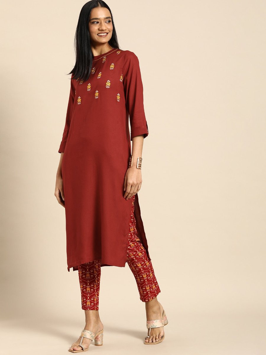 All About You Women Red Floral Embroidered Regular Thread Work Kurta with Trousers