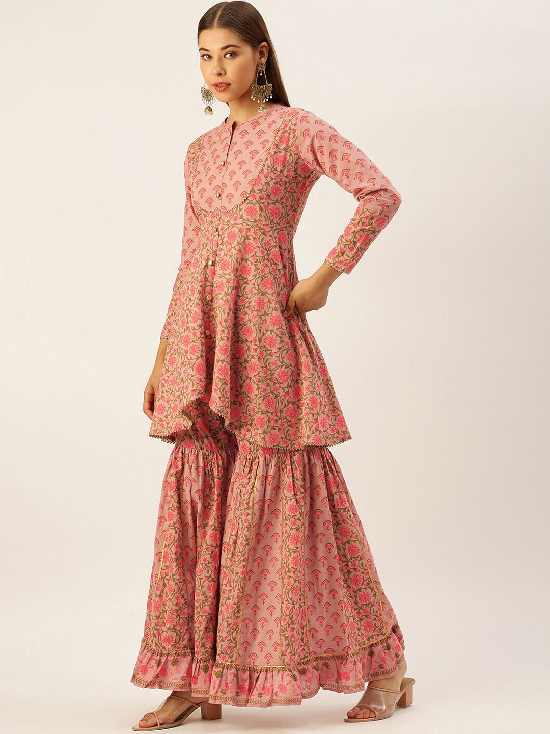 HERE&NOW Women Pink & Coffee Brown Printed Cotton Kurti with Sharara & With Dupatta