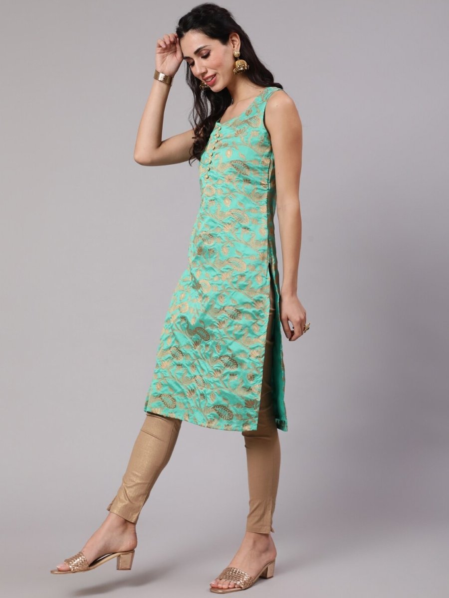 Aks Woven Design Round Neck Straight Kurta