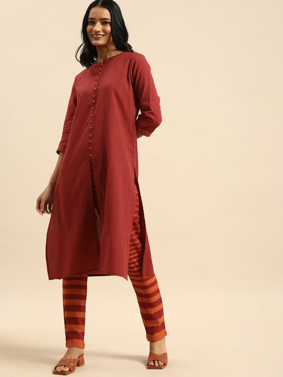 All About You Women Red & Orange Pure Cotton Kurta with Trousers