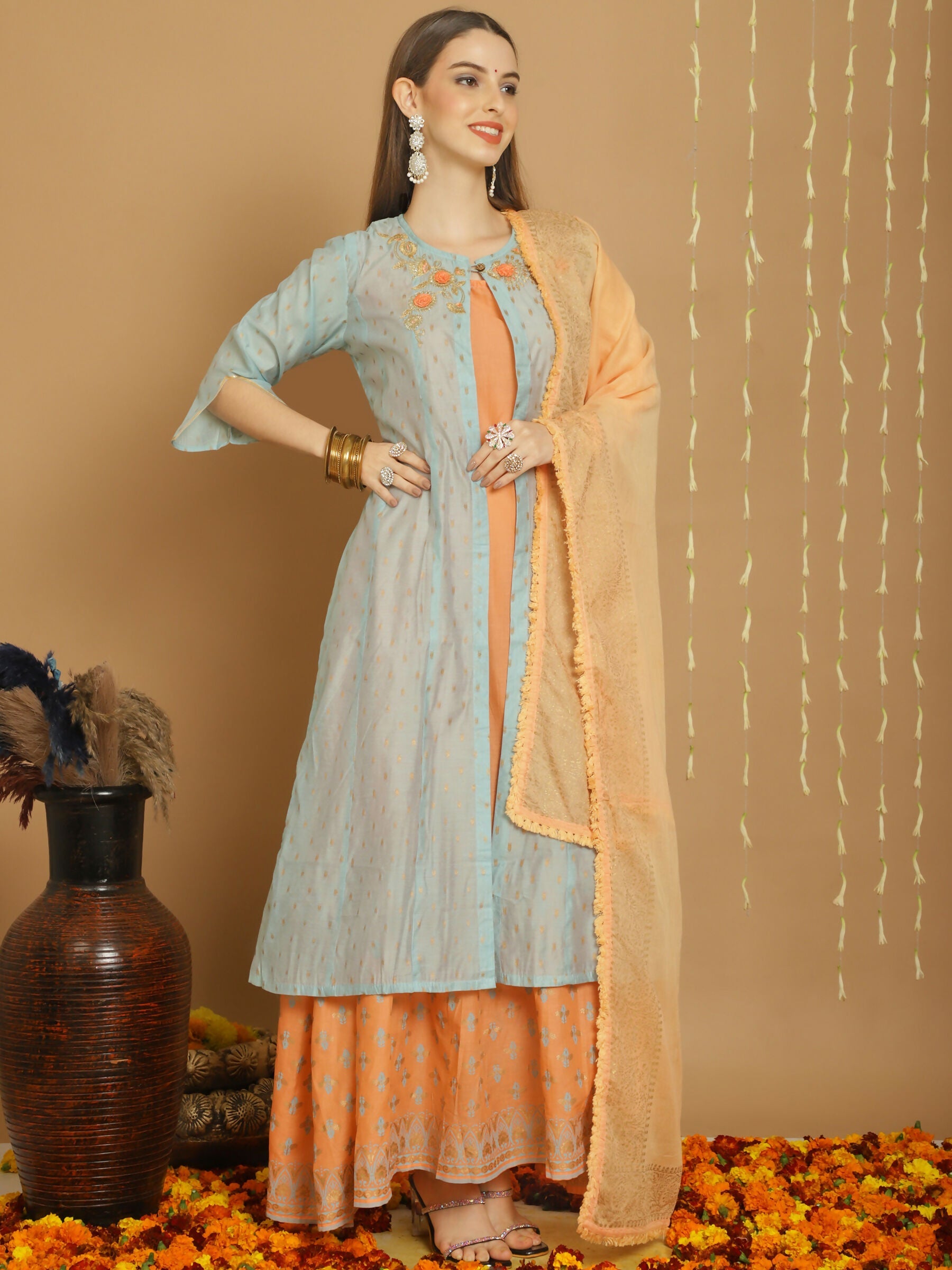 Jyoti Fashion Women's Turquoise Chanderi Silk Elegant Jardoshi Kurta with Trouser & Dupatta