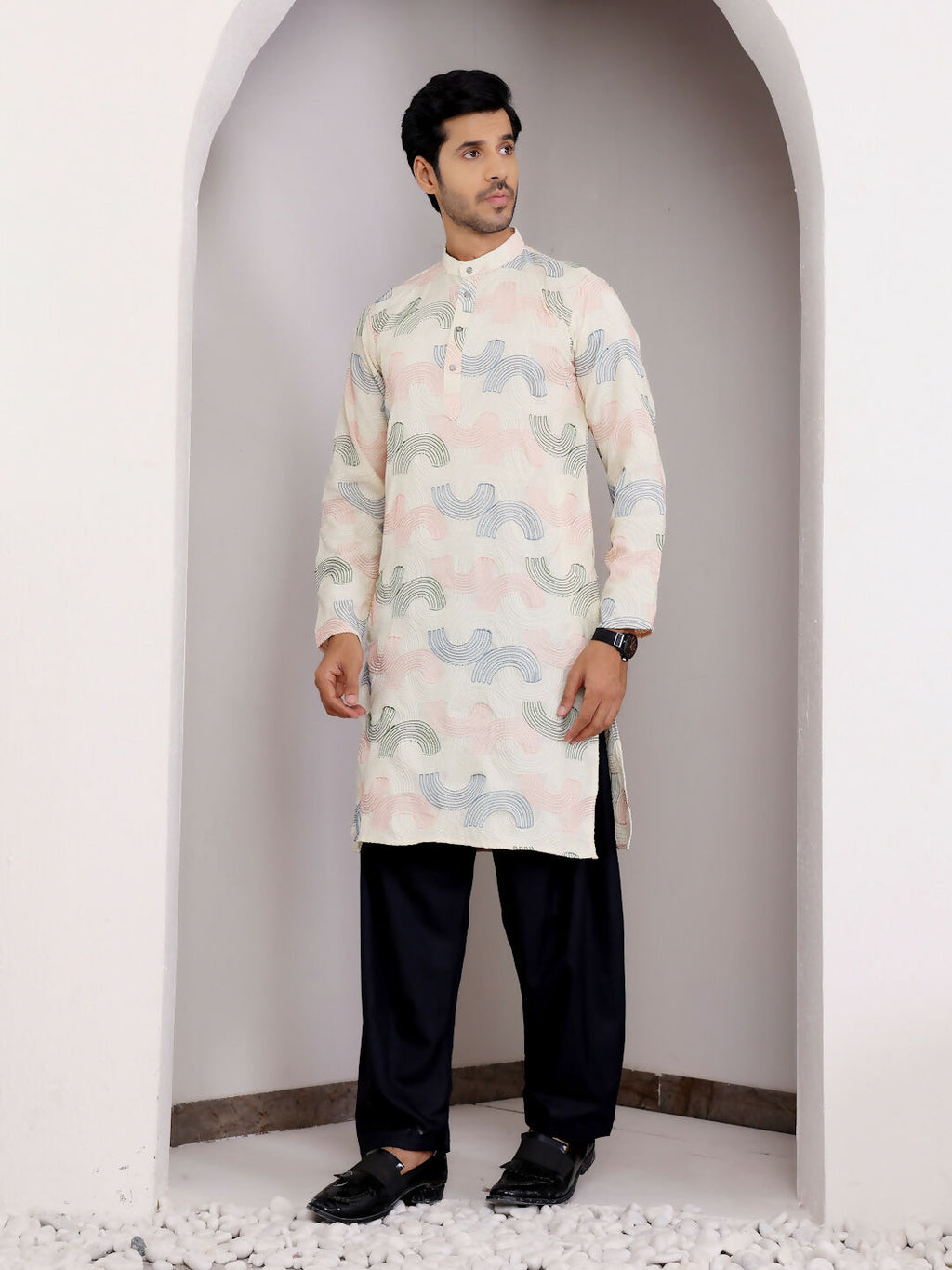 Cream Linen Designer Embroidery Work Men's Rajwadi Kurta Set - Mahotsav