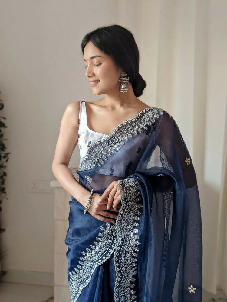 Vamsee Shirovastra Navy Blue Organza Saree