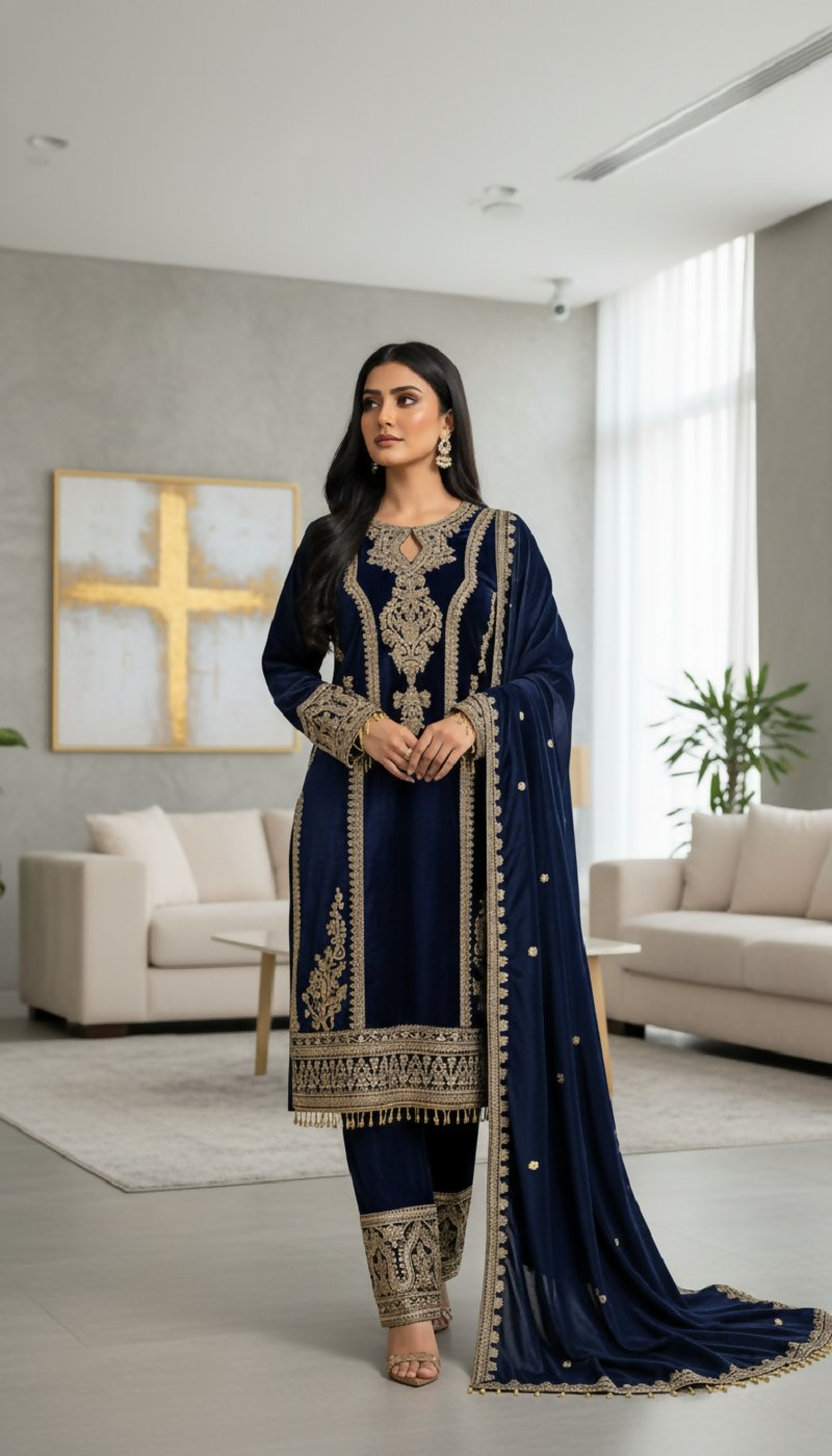 Teeya Creation Blue Color Velvet Fabric Designer Embroidery Work Suit