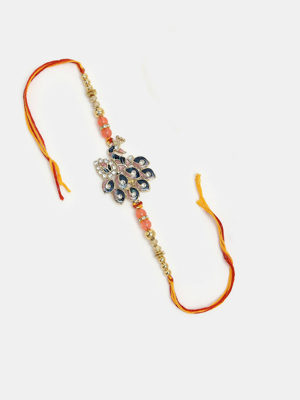 NVR Women & Men Set of 2 Multicolor Peacock Design Stone-Studded & Beaded Bhaiya Bhabhi Rakhi With Roli Chawal