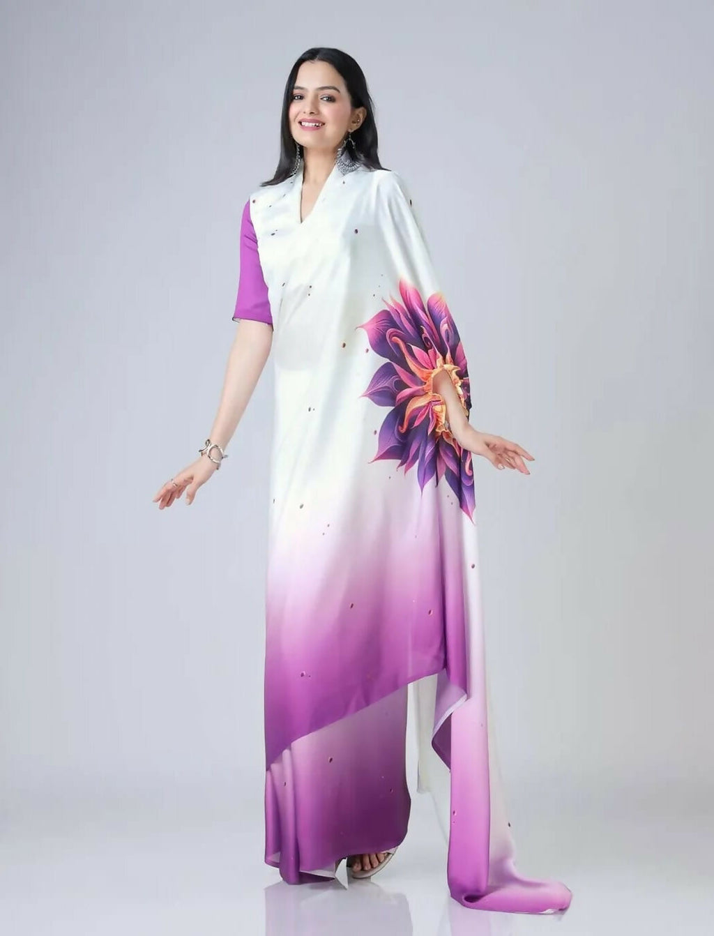 Vastranavya Purple & White Ready to Wear Floral Print Free Hand Saree