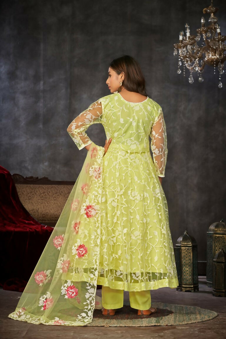 Jyoti Fashion Women's Pista Net Embroidered Anarkali Kurta Pant Set With Dupatta