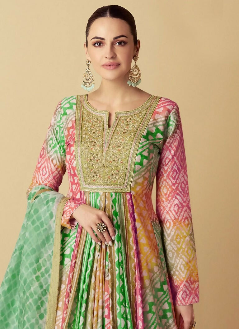 Vastranavya Green Muslin Printed Sequins Beads Work Abaya Style Anarkali Suit