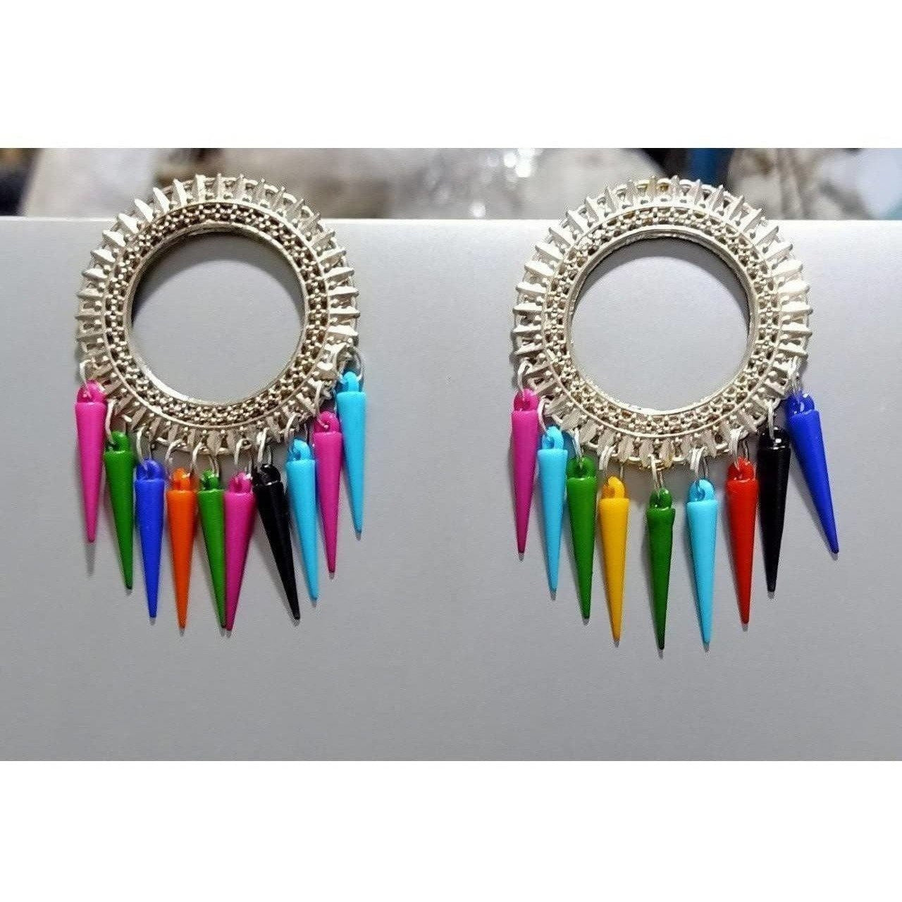 MS Fashion India Sun Design Oxidized Silver Earrings With Multicolor Alloy Drops