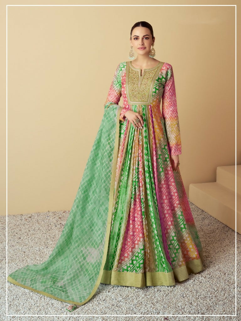 Vastranavya Green Muslin Printed Sequins Beads Work Abaya Style Anarkali Suit