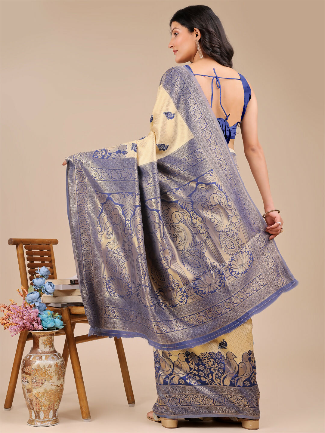 Shree Shyam Fashion Banarasi Silk Cream & Navy Blue Saree
