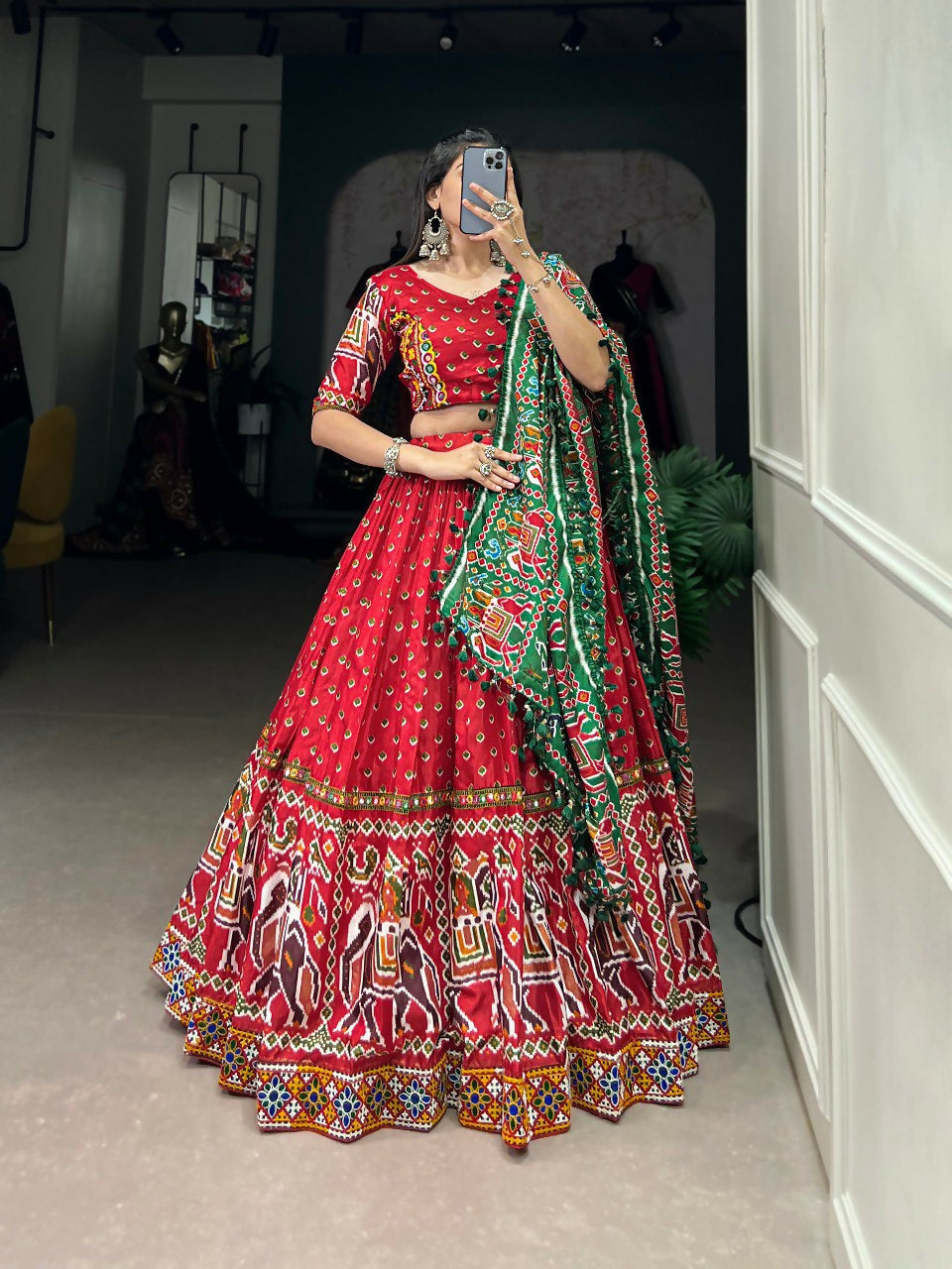 Vastranavya Navaratri Special Dola Silk Patola Print With Gamthi Work Lace Border Lehenga with Stitched Blouse - Red