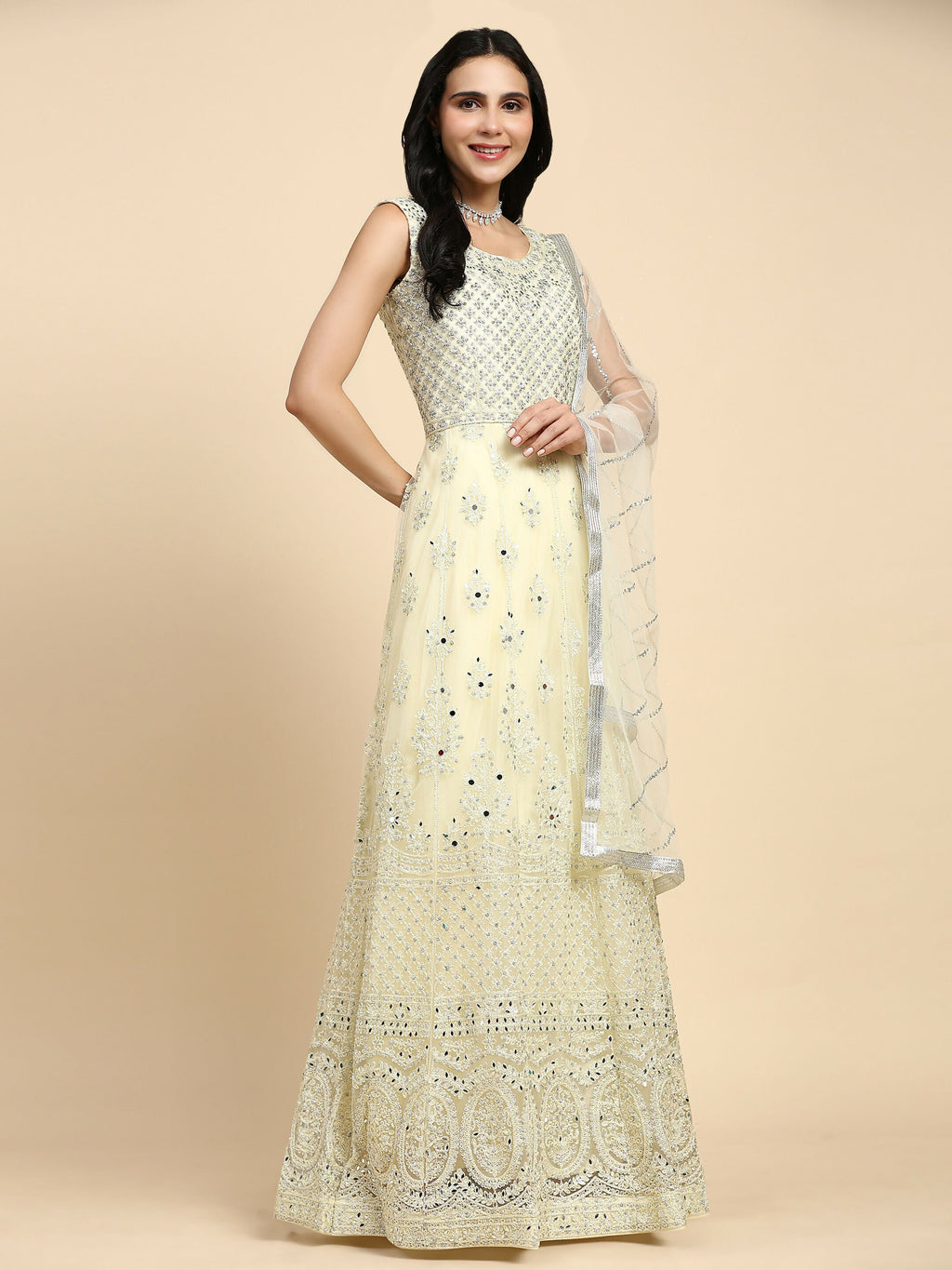 Yellow Net Hand Embroidered Gown - Rudrani