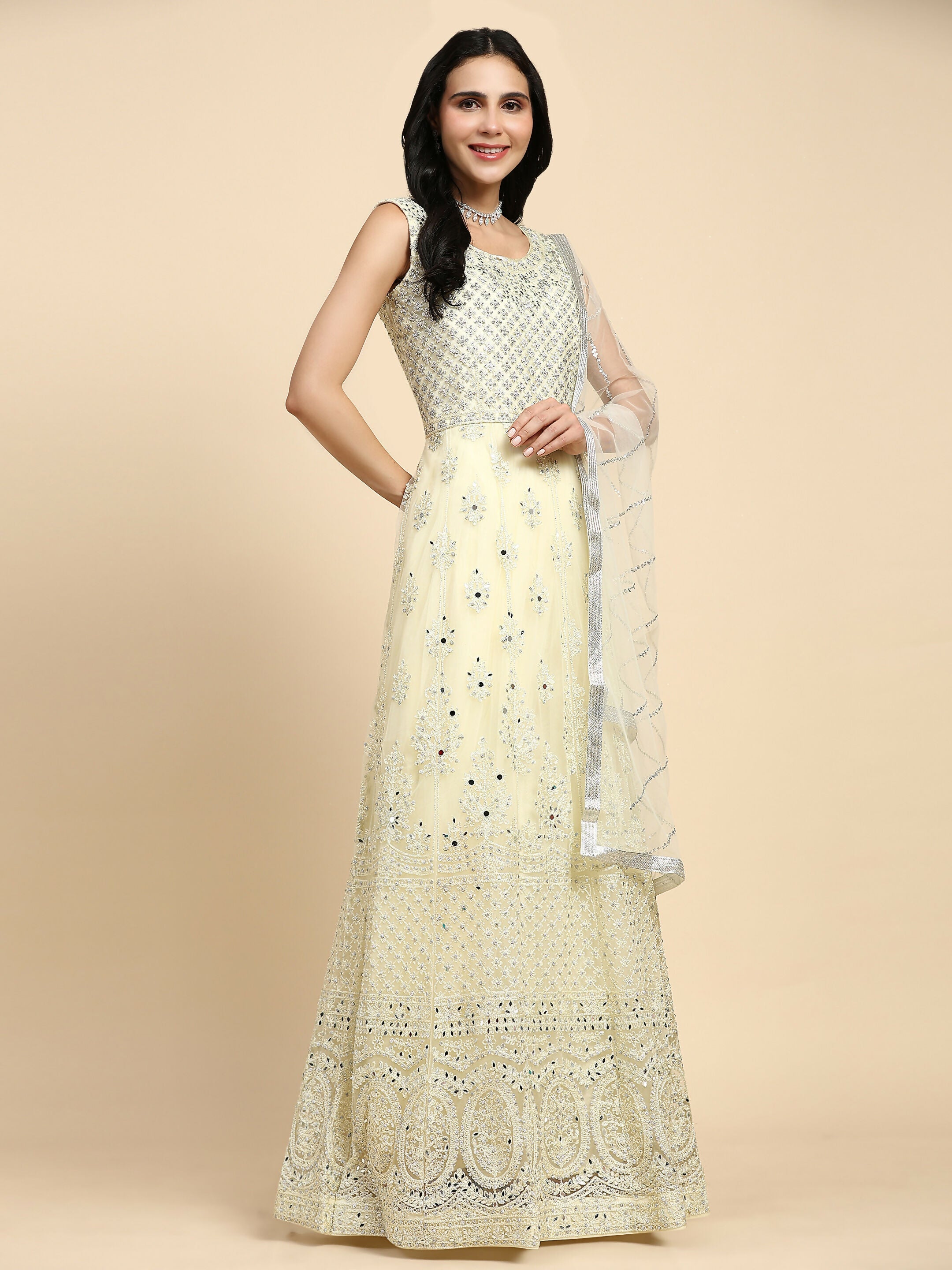 Yellow Net Hand Embroidered Gown - Rudrani