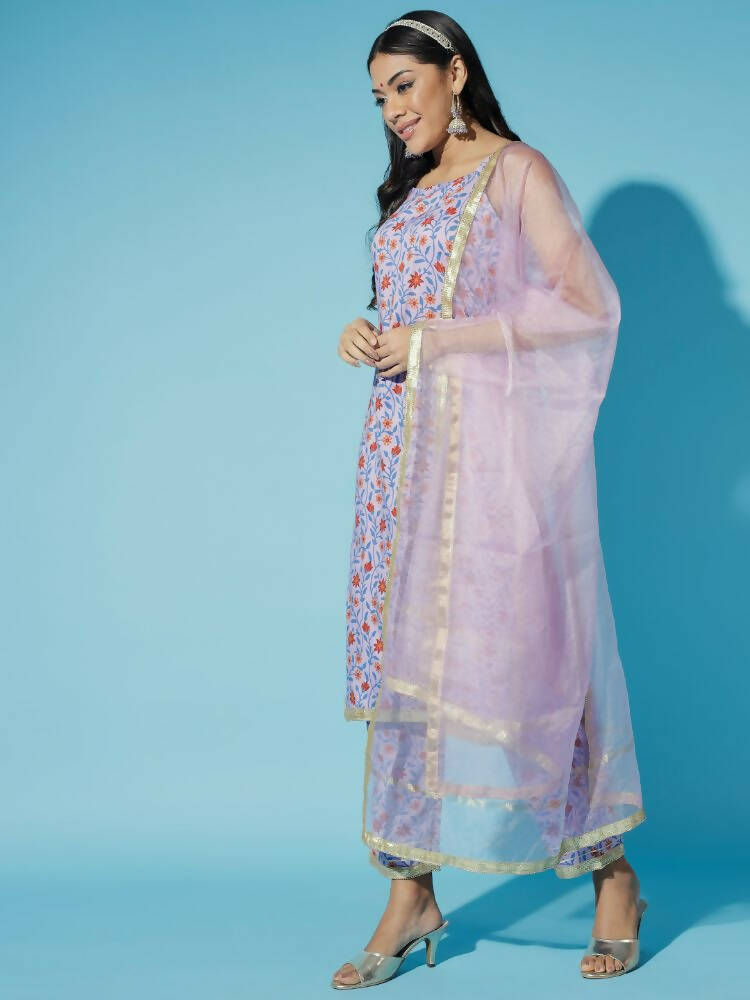Myshka Women Printed Lavender Kurta & Trousers With Dupatta